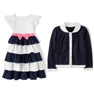 Girls Gymboree Navy, Pink, & White Cotton Dress Cardigan Hat Outfit Set 4t